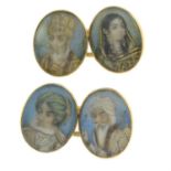 A pair of late Victorian gold cufflinks, painted to depict portrait miniatures of Shah Jahan,
