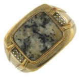 A 9ct gold granite signet ring, with single-cut diamond accent shoulders.