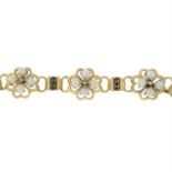 A cultured pearl, single-cut diamond and sapphire bracelet.