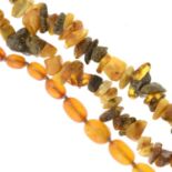 A selection of amber beaded necklaces, bracelet, along with further amber jewellery.