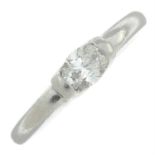A platinum oval-shape diamond single-stone ring.