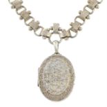 A late Victorian silver locket, with fancy-link chain necklace.