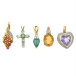 Five 9ct gold gem-set pendants.