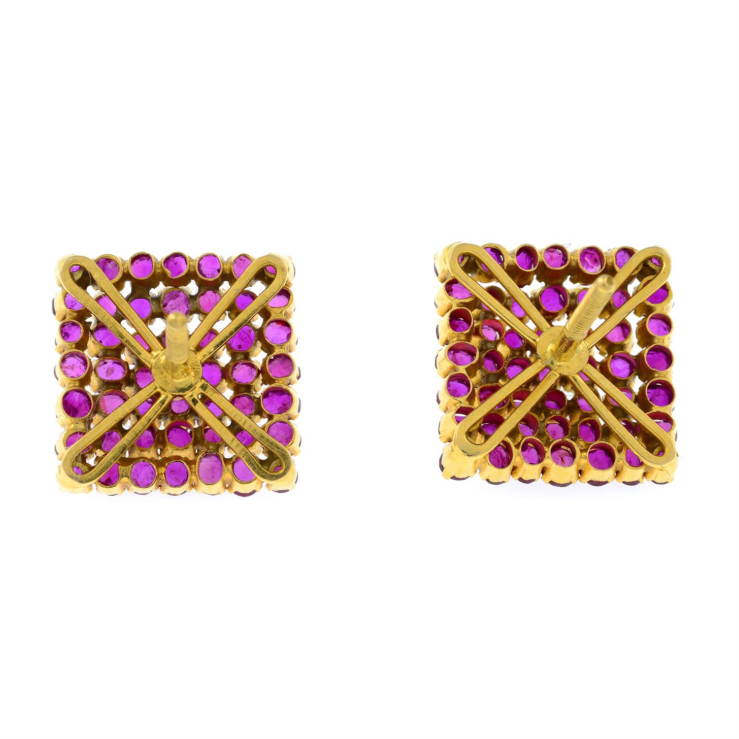 A pair of ruby square-shape cluster earrings. - Image 2 of 4