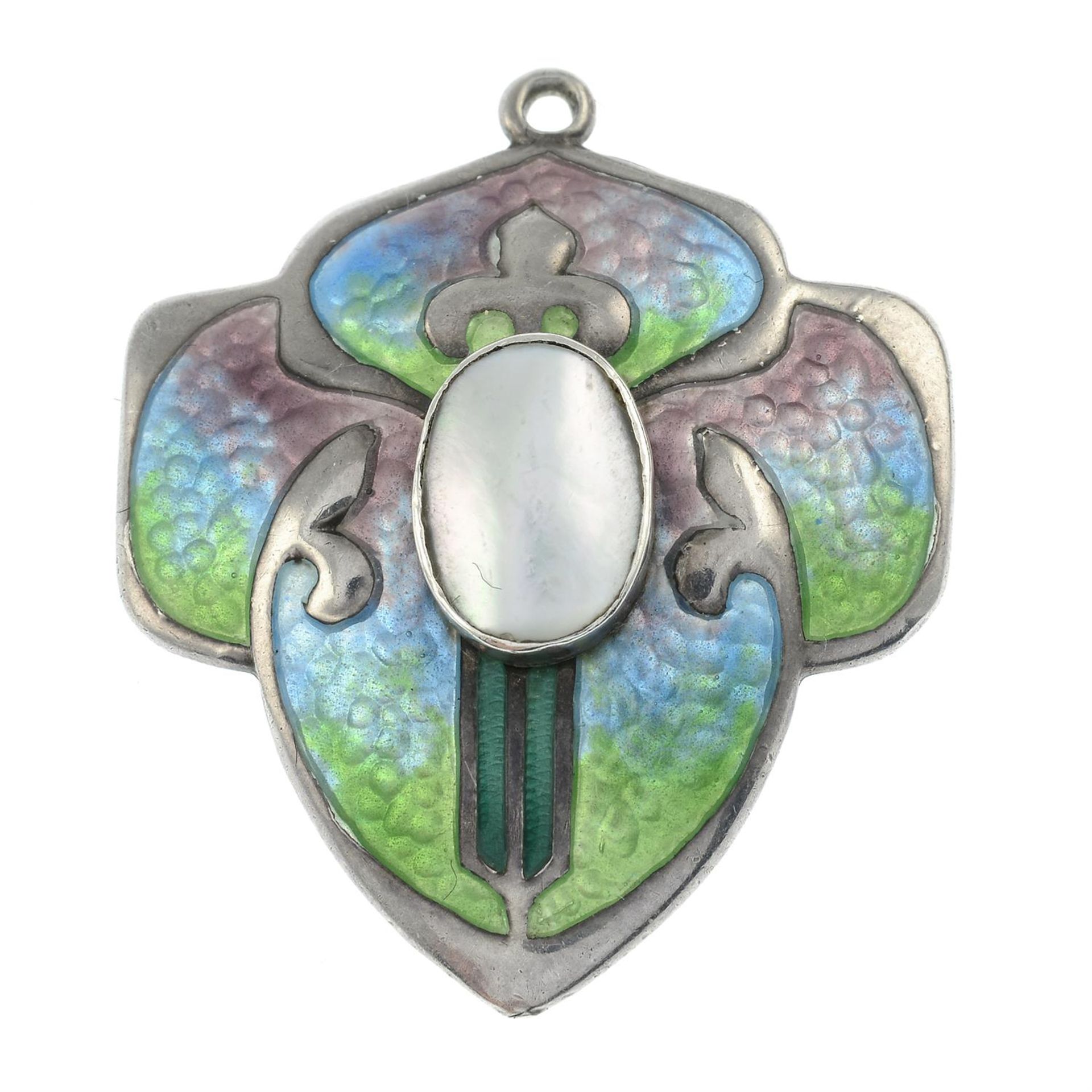 An Art Nouveau mother-of-pearl and enamel pendant.