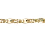 An Art Nouveau 9ct gold bracelet, with turquoise and split pearl highlights.