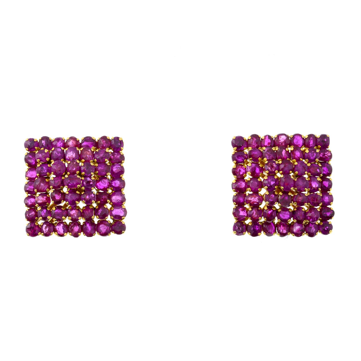 A pair of ruby square-shape cluster earrings.