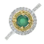 An 18ct gold emerald, diamond and coloured diamond dress ring.