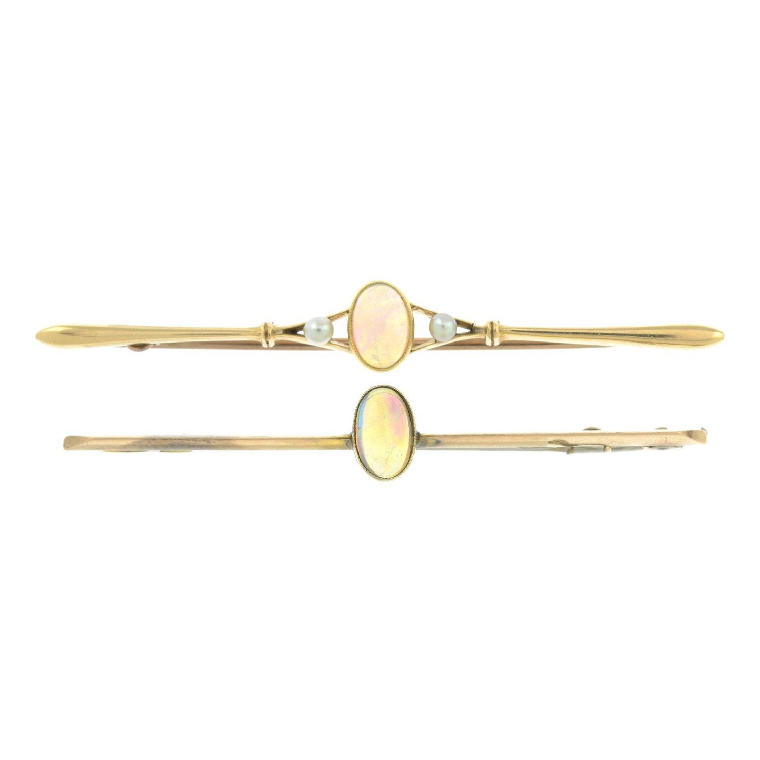 Two early 20th century gold opal and split pearl bar brooches.