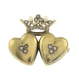 An early 20th century gold double-heart and crown brooch, with seed and split pearl accents.