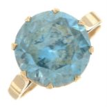 A blue zircon single-stone ring.