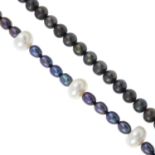 A selection of dyed freshwater cultured pearl jewellery, comprising necklace, bracelet and ring.