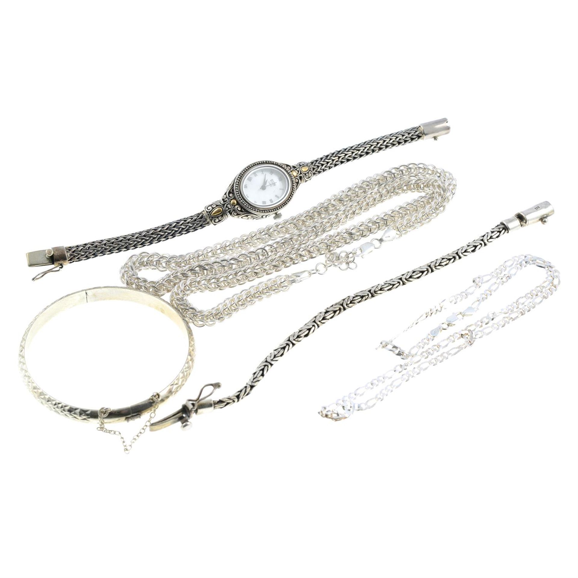 A selection of jewellery, to include two chains, a bracelet, a bangle and a wrist watch. - Image 2 of 2