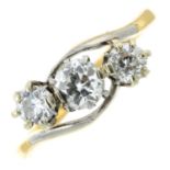 A mid 20th century 18ct gold and platinum, old-cut diamond three-stone ring.