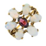 A 9ct gold opal and garnet floral cluster ring.