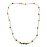 A cultured pearl, coral and emerald necklace.