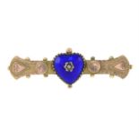 A late Victorian 9ct gold enamel and split pearl bar brooch.