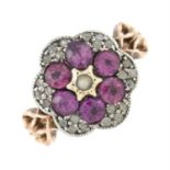 A late 19th century 9ct gold and silver, garnet, diamond and split pearl cluster ring.