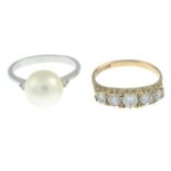 A 9ct gold cultured pearl and brilliant-cut diamond ring and a 9ct gold cubic zirconia five-stone
