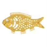 An imitation pearl openwork fish brooch.