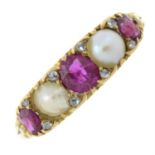 A late Victorian 18ct gold ruby and split pearl ring, with rose-cut diamond accents.