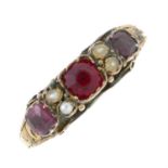 A mid 19th century 9ct gold garnet, paste and split pearl ring.