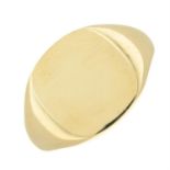 A 9ct gold cushion shape signet ring.