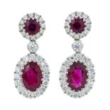 A pair of 18ct gold ruby and diamond cluster drop earrings.