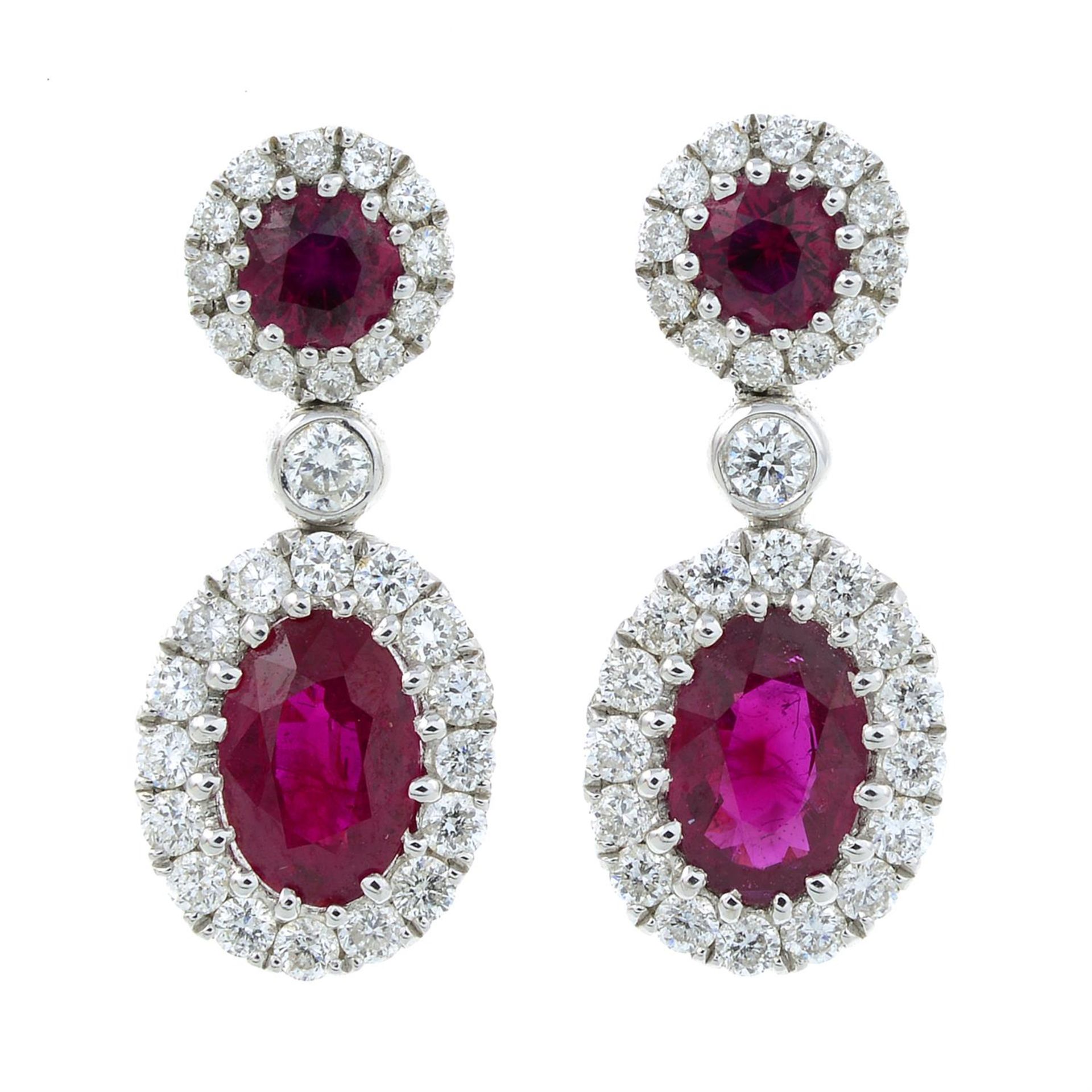 A pair of 18ct gold ruby and diamond cluster drop earrings.