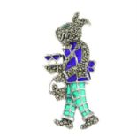 A plique-à-jour enamel, marcasite and emerald rabbit butler brooch.