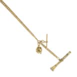 An early 20th century 9ct gold Albert chain, suspending a T-bar, Masonic ball fob and a propelling