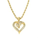 A tapered baguette-cut diamond heart pendant, with chain.