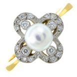An 18ct gold cultured pearl and diamond cluster ring.