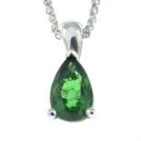 A tsavorite garnet single-stone pendant, suspended from an 18ct gold chain.