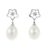 A pair of diamond and cultured pearl drop earrings.