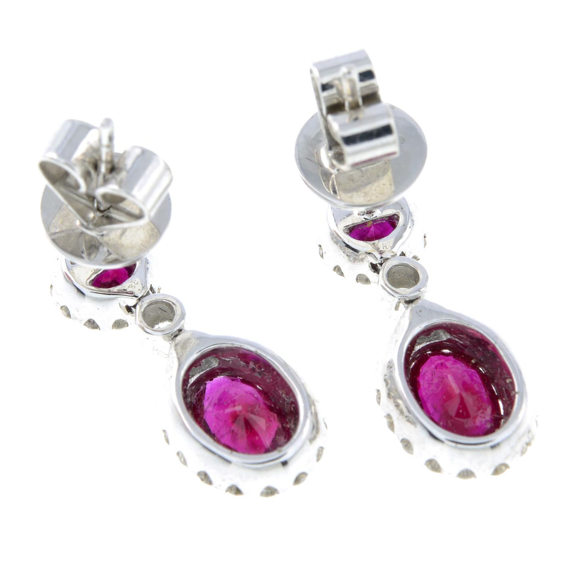A pair of 18ct gold ruby and diamond cluster drop earrings. - Image 2 of 2