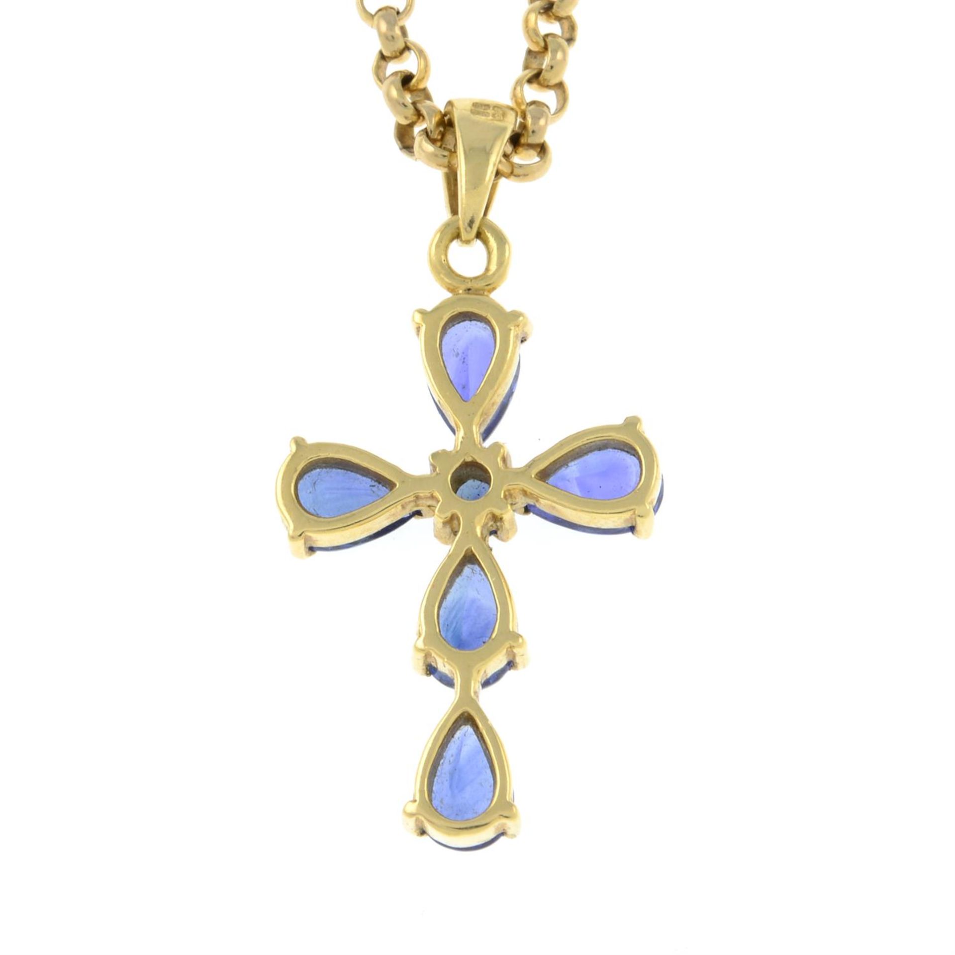 An 18ct gold sapphire cross pendant, with 9ct gold chain. - Image 2 of 3