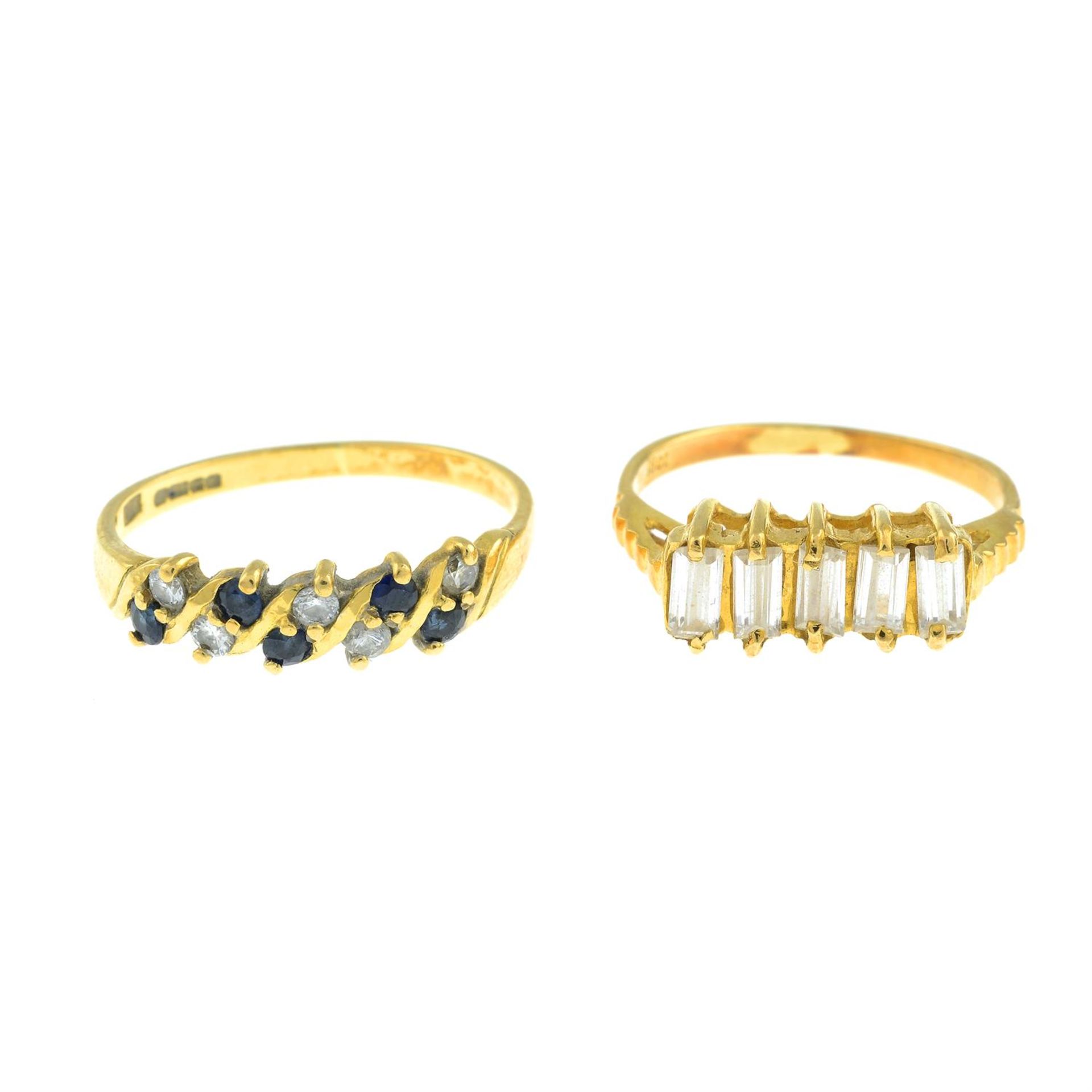 An 18ct gold sapphire and diamond ring and a colourless gem five-stone ring.