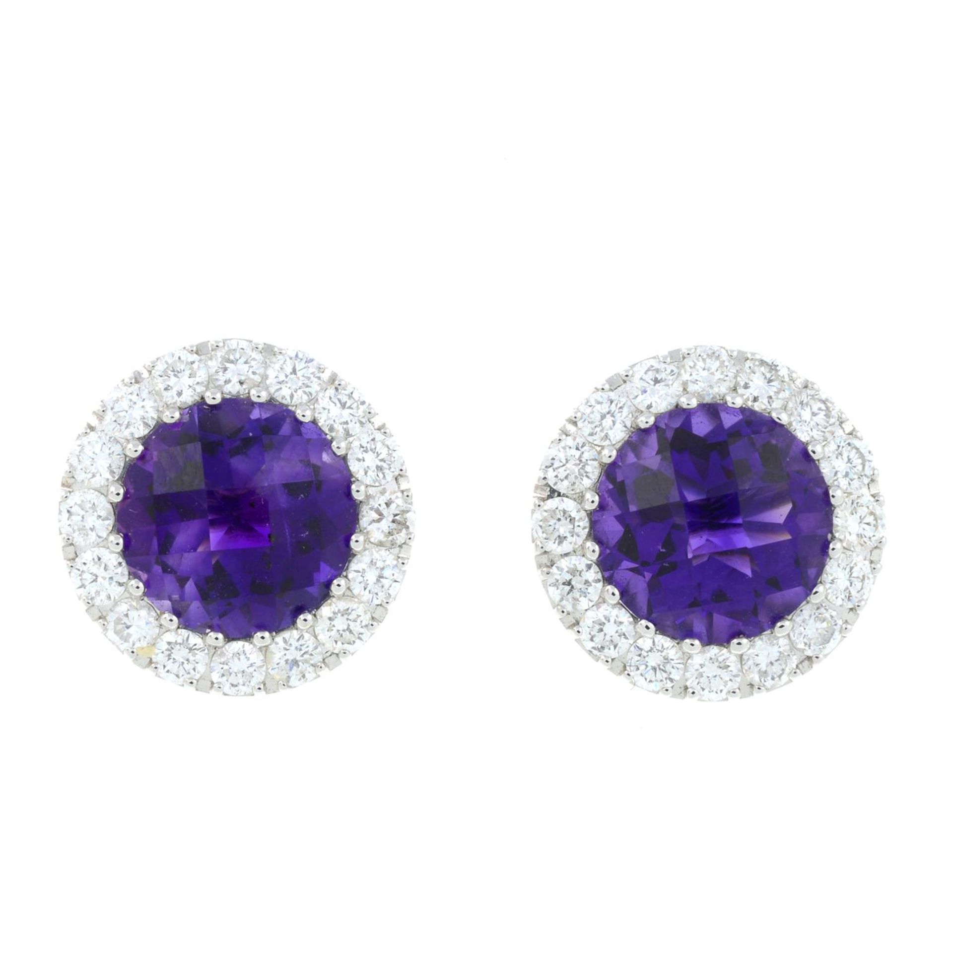 A pair of 18ct gold amethyst and diamond cluster earrings.