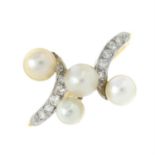 An early 20th century 18ct gold and platinum, cultured pearl and diamond ring.
