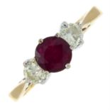 A 9ct gold ruby and diamond three-stone ring.