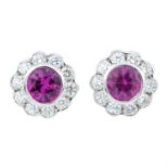 A pair of 18ct gold pink sapphire and diamond cluster earrings.