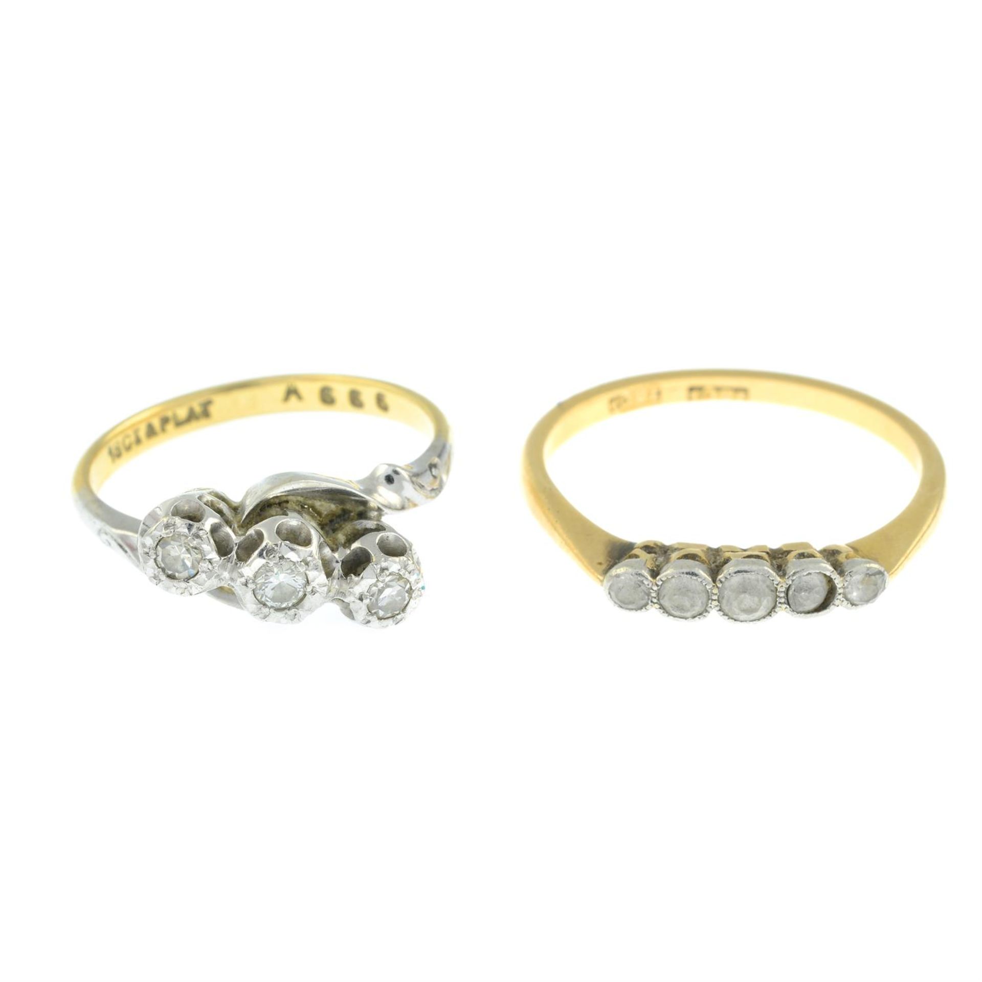 A diamond three-stone ring and a colourless gem five-stone ring.