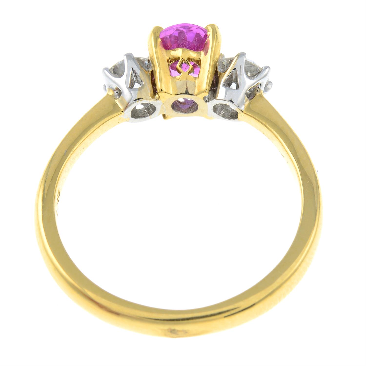 An 18ct gold pink sapphire and brilliant-cut diamond three-stone ring. - Image 2 of 2