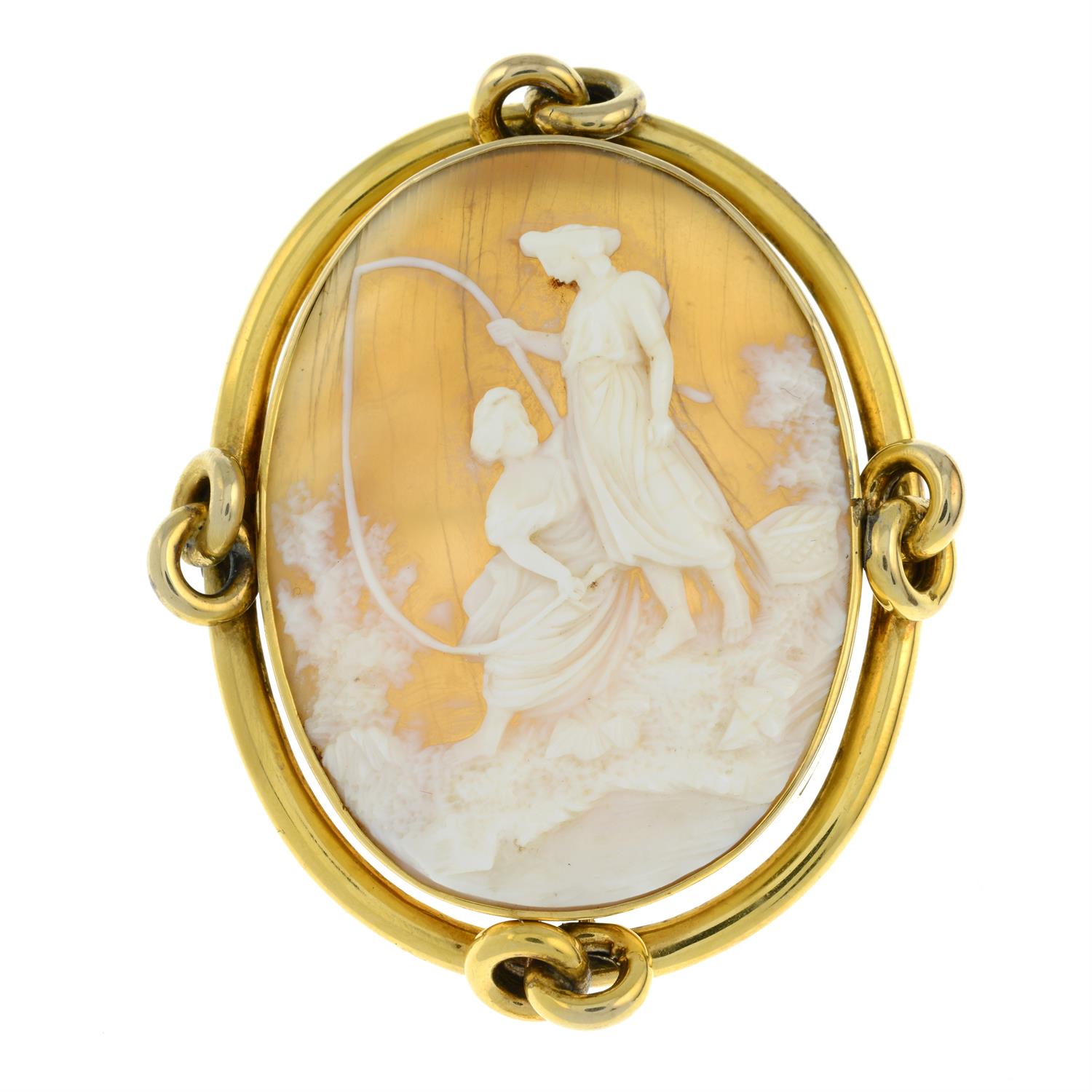A Victorian gold shell cameo brooch, carved to depict a pastoral scene of a couple fishing.