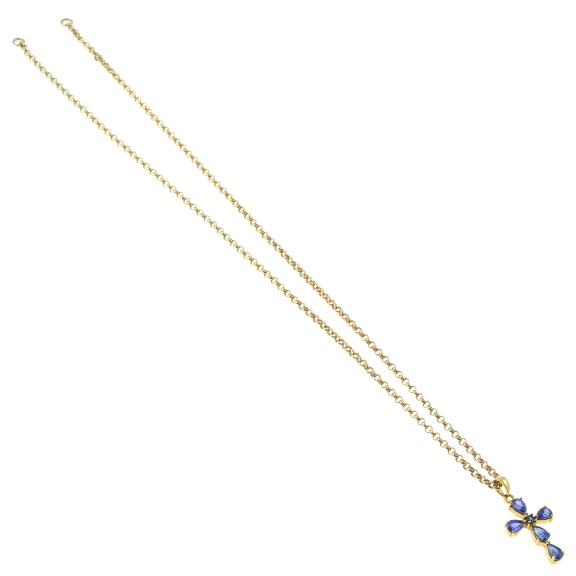 An 18ct gold sapphire cross pendant, with 9ct gold chain. - Image 3 of 3