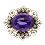 A late 19th century 14ct gold amethyst, old-cut diamond and black enamel brooch.