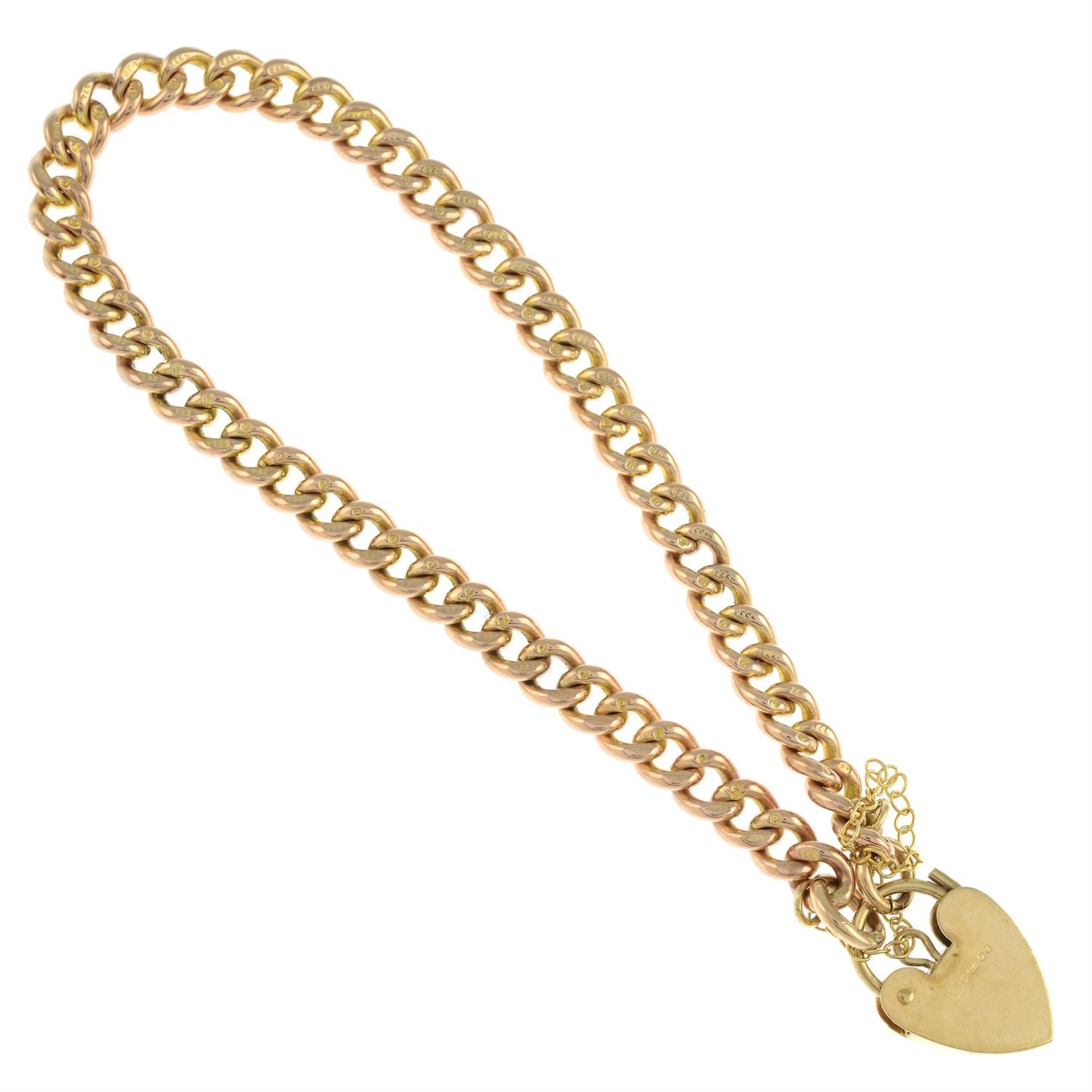 An early 20th century 9ct gold curb-link chain bracelet, with later heart-shape lock clasp. - Image 2 of 2