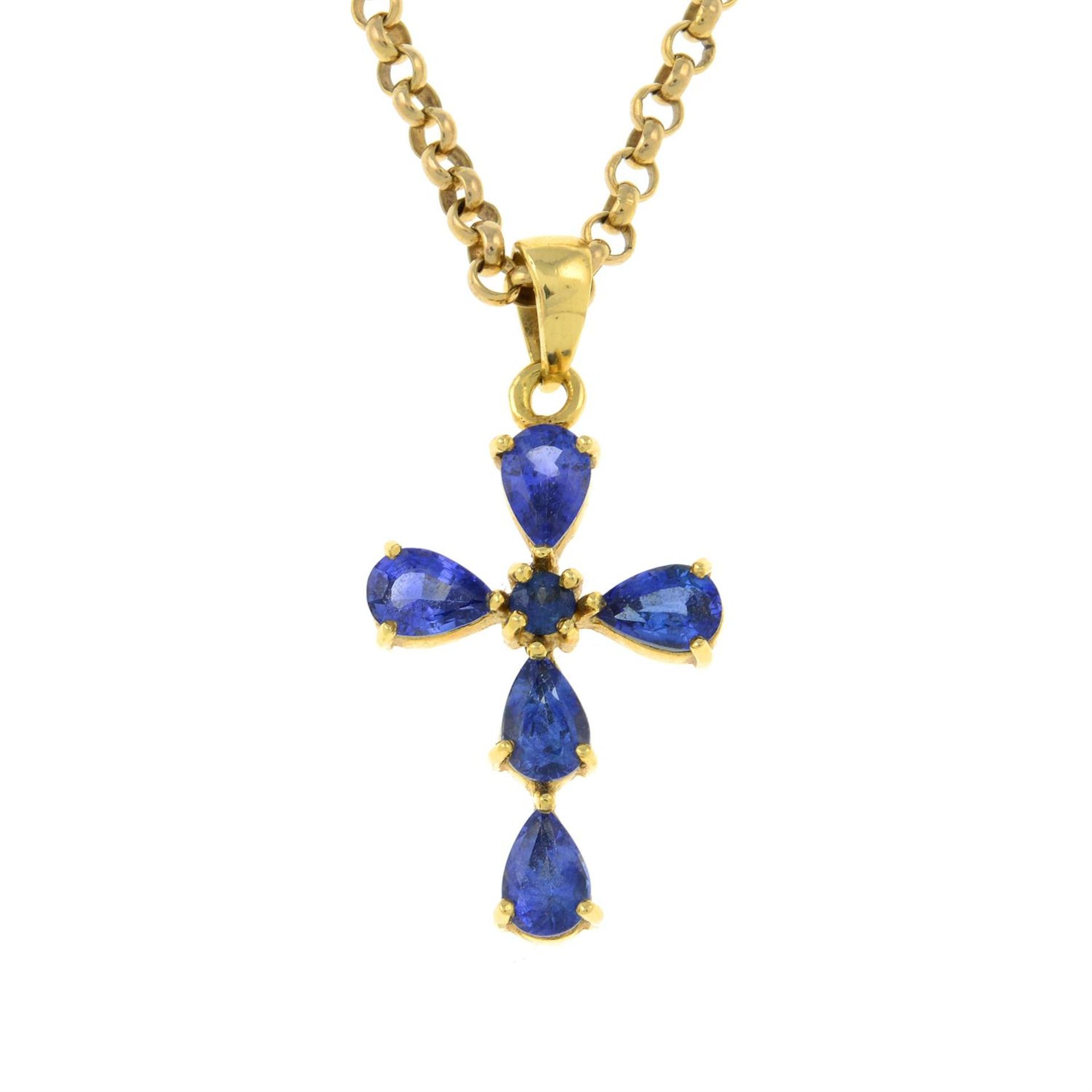 An 18ct gold sapphire cross pendant, with 9ct gold chain.