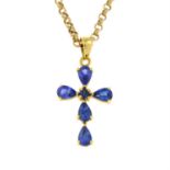 An 18ct gold sapphire cross pendant, with 9ct gold chain.